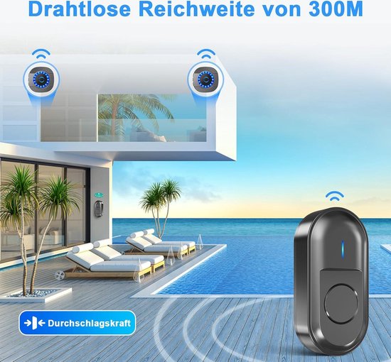 Deurbel, draadloze deurbel voor binnen, waterdicht, voor buiten, 300 m, 55 beltonen, 5 selecteerbare volumes, knipperend led-display, zwart