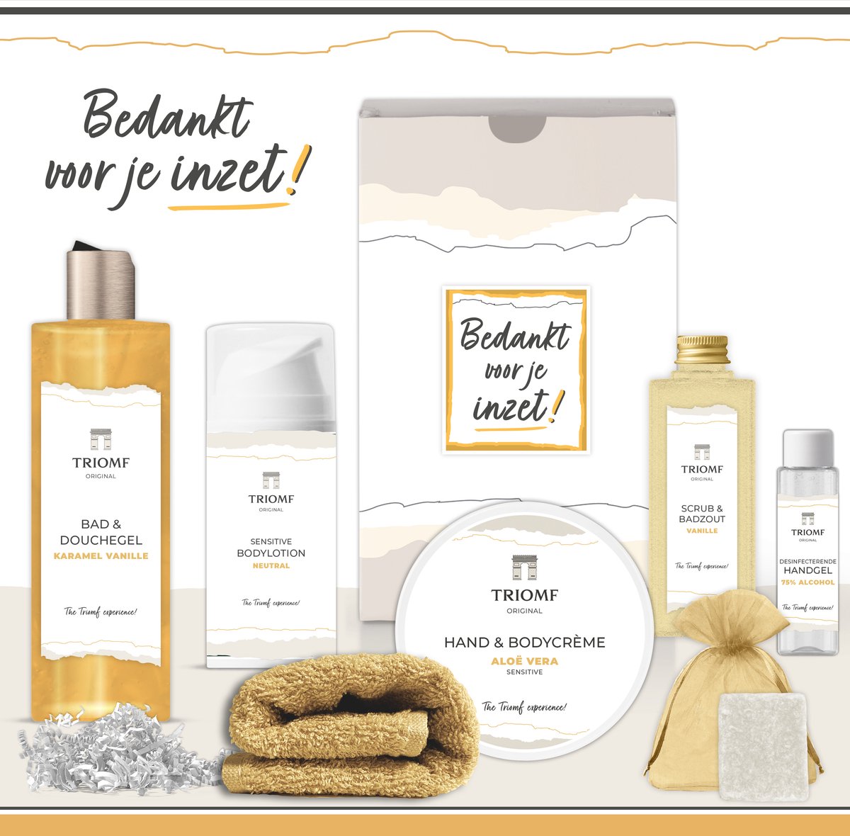 Goedkoopste Geschenkset “Bedankt voor je inzet!” - 7 producten - 850 gram | Triomf Original - Giftset voor haar - Cadeau Pakket Pensioen - Geschenk Luxe wellness cadeaubox - Cadeaupakket Vrouw - Gift Set - Medewerker Collega Zorgwerker Vrijwilliger - Goud Geel