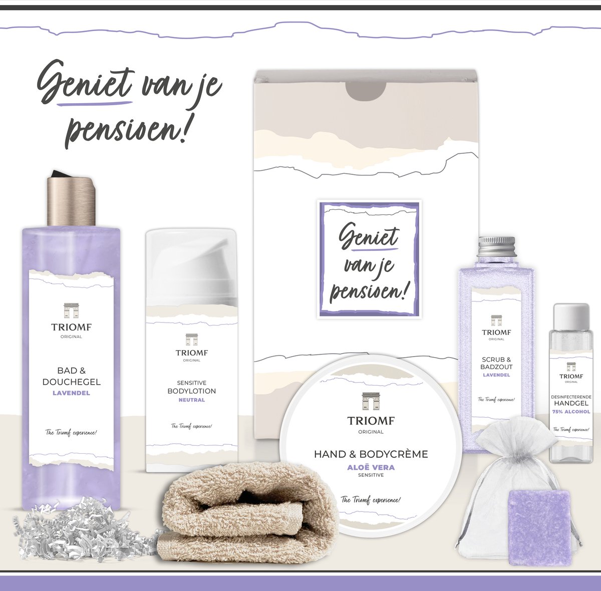 Goedkoopste Geschenkset “Geniet van je pensioen!” - 7 producten - 850 gram | Triomf Original - Giftset voor haar - Cadeau Gestopt met werken - Luxe wellness cadeaubox Vrouw - Cadeaupakket Collega Medewerker Werknemer - Geschenk Pakket Lavendel - Gift Set Paars