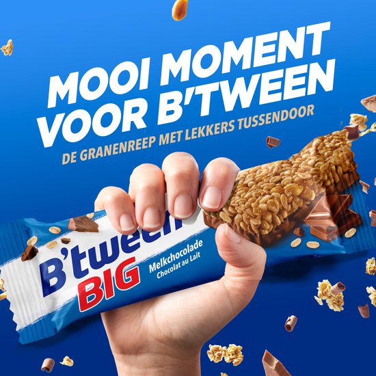 Hand met B'tween BIG melkchocolade reep met granen en chocolade. 'Mooi moment voor B'tween'.