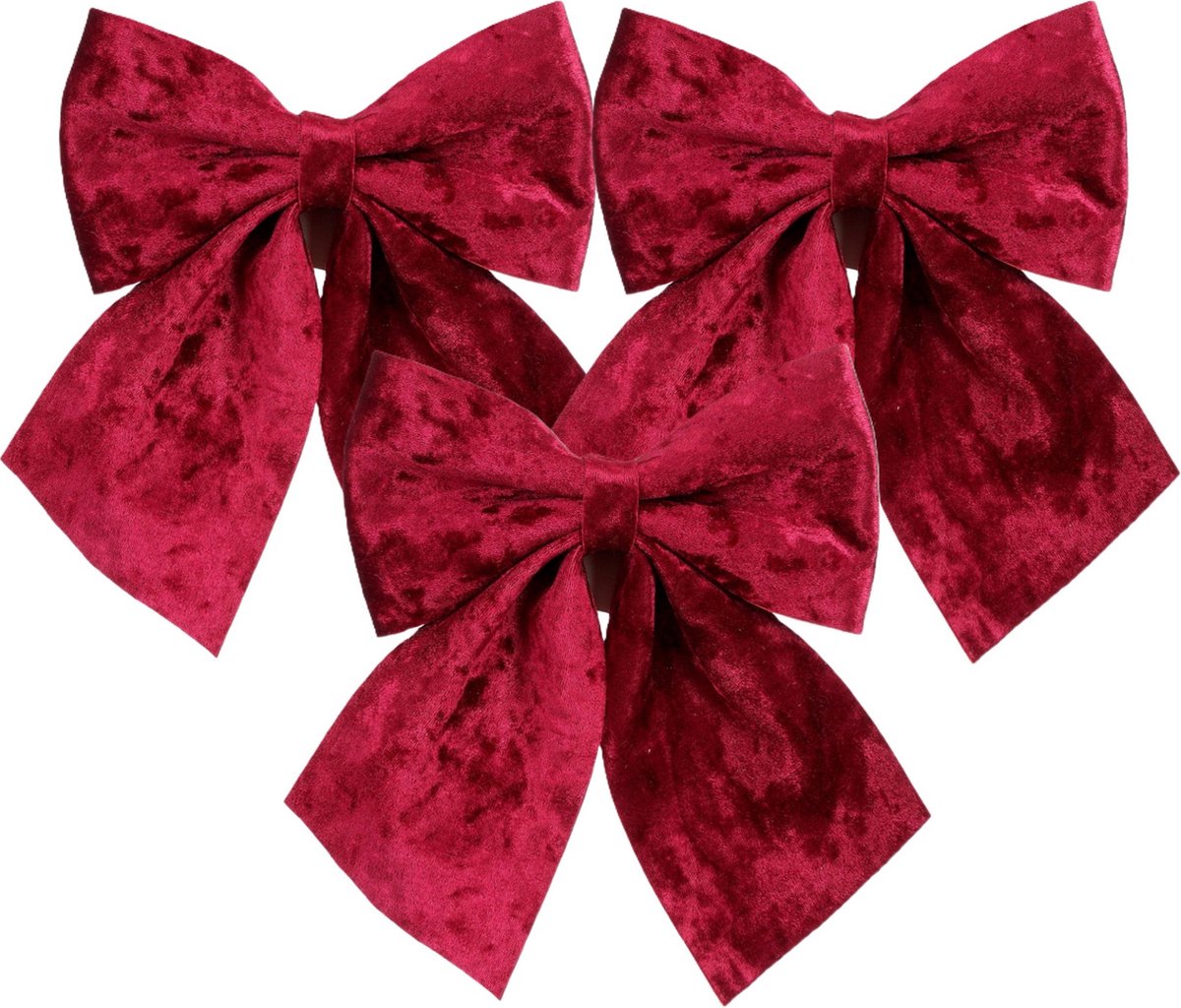 House of Seasons Kerst strik ornamenten - 3x - donkerrood - 20 x 24 cm - polyester fluweel - kerststrik