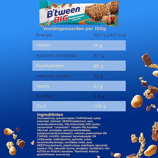 Voedingswaarden per 100g: Energie 1913 kJ/417 kcal, Vetten 14g, waarvan verzadigd 9.7g, Koolhydraten 66g, waarvan suikers 23g, Vezels 5.1g, Eiwitten 4.8g, Zout 1.08g. Ingrediënten B'tween BIG Gezouten Karamel.