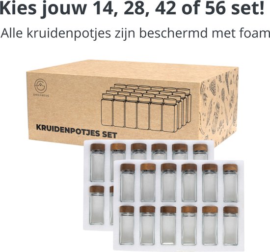 Boîte en carton avec le texte "Set de pots d'épices" et deux rangées de pots d'herbes en verre avec couvercles en acacia, protégés par de la mousse.