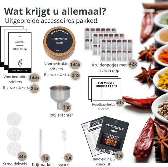 Aperçu du contenu du kit d'épices : 42 pots d'herbes, autocollants, entonnoir, brosse, couvercles et manuel.