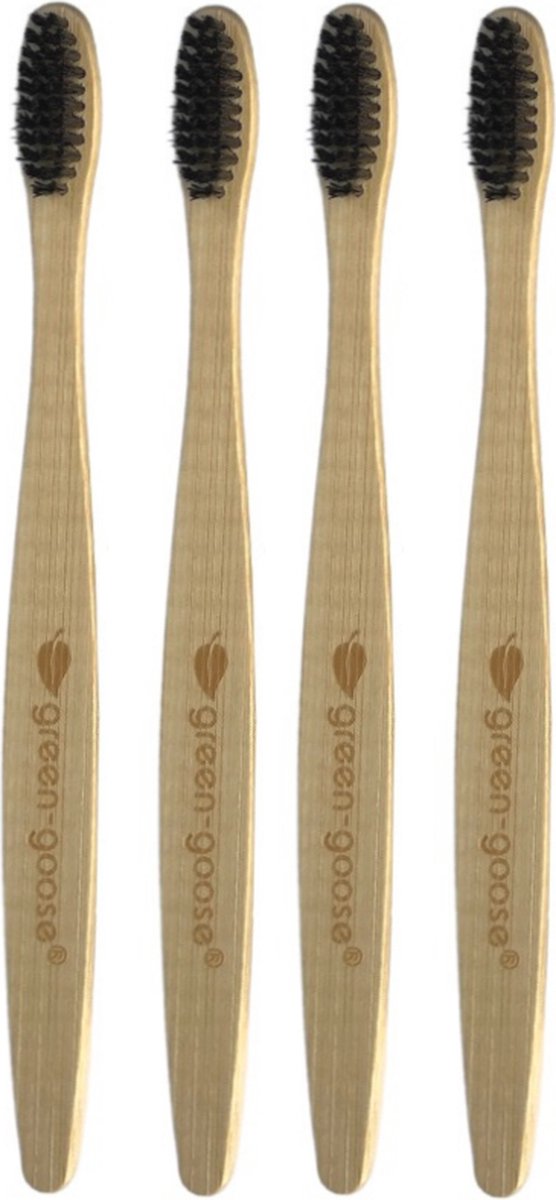 Goedkoopste 4 x Ecologische Bamboe Tandenborstel - Zwart - Vegan Bamboo Tandenborstels Set van 4 - Milieuvriendelijk, Recyclebaar en Biologisch Afbreekbaar - Zacht / Medium