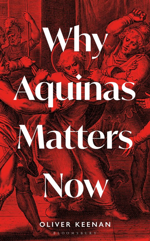 Boek "Why Aquinas Matters Now" met rode gravures van mensen en de titel in witte letters.