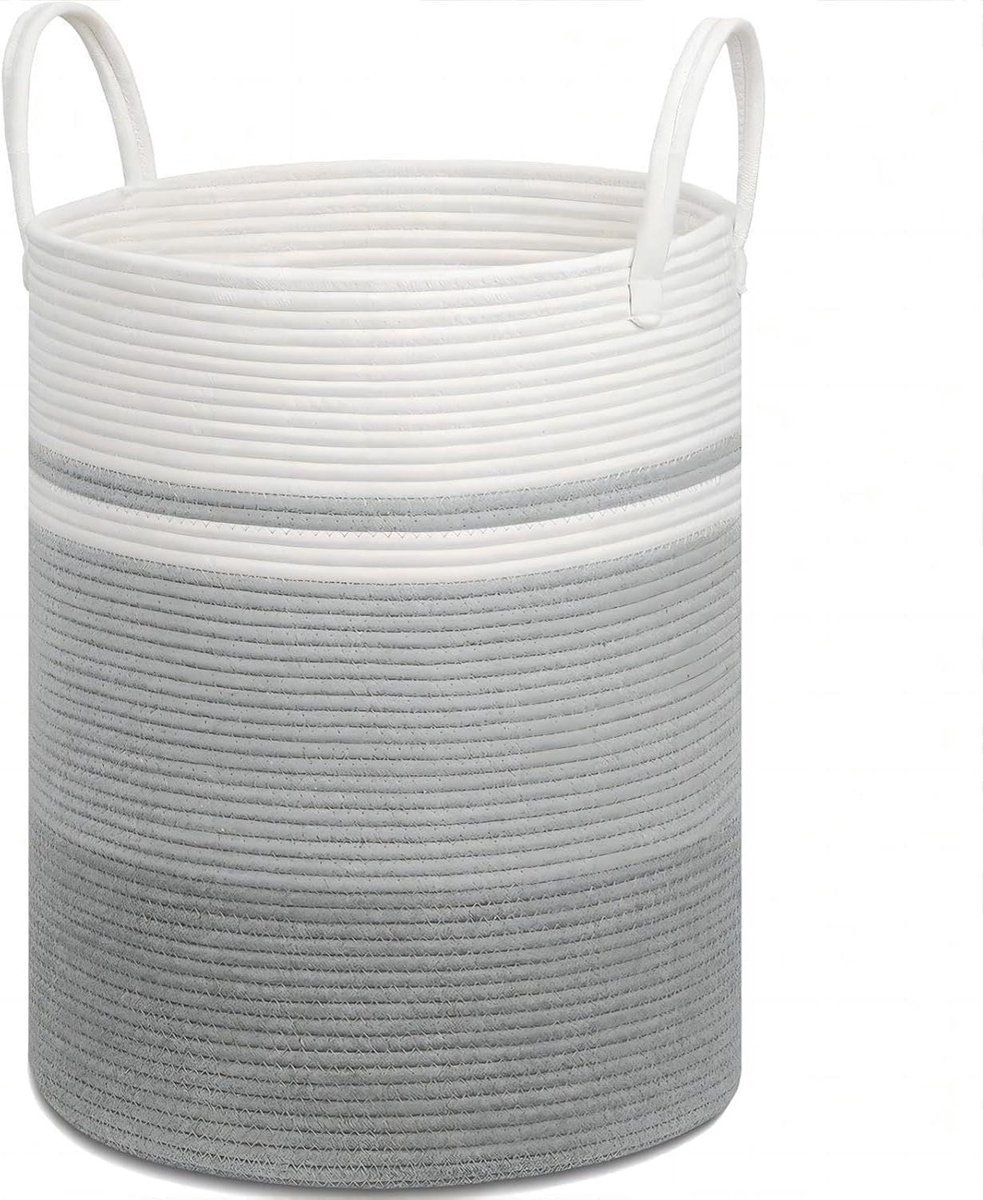 Goedkoopste Wasmand 58 liter gevlochten katoen met handgrepen - grote opbergmand opvouwbaar - woonkamer kinderkamer badkamer - 38 x 50 cm - wit en grijs