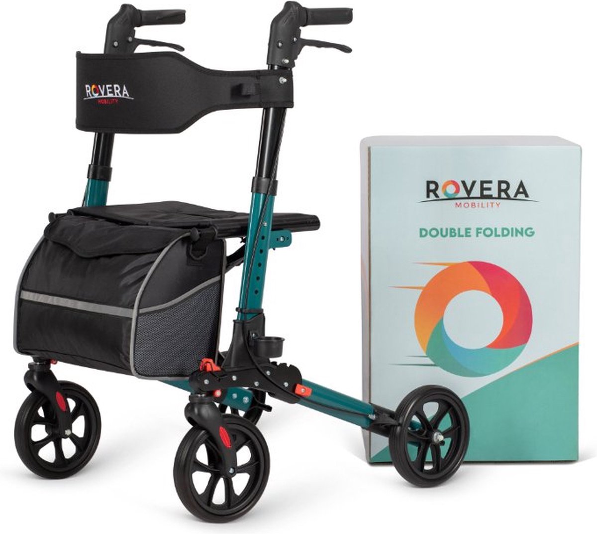 Goedkoopste Rovera Mobility® Dubbel opvouwbare Easy Rollator - Lichtgewicht en Dubbel Opvouwbaar - Kwaliteitsrollator - Incl. Luxe, Stijlvolle Rollatortas en Brede Gewatteerde Zitting en Rugsteun - Binnen en Buiten - Rovera Groen