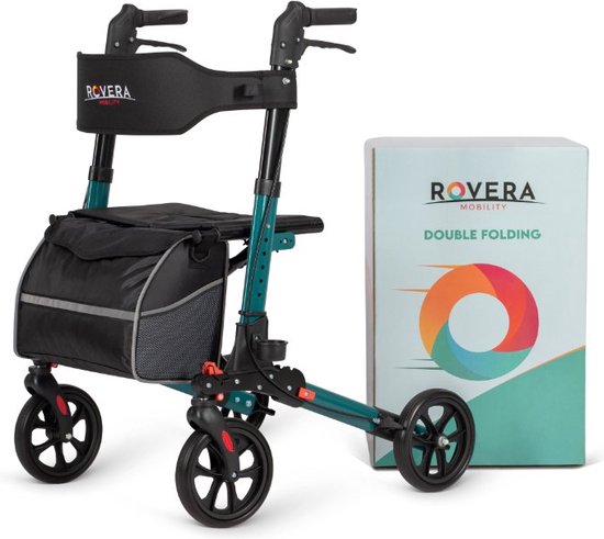 Foto: Rovera mobility dubbel opvouwbare easy rollator lichtgewicht en dubbel opvouwbaar kwaliteitsrollator incl luxe stijlvolle rollatortas en brede gewatteerde zitting en rugsteun binnen en buiten rovera groen