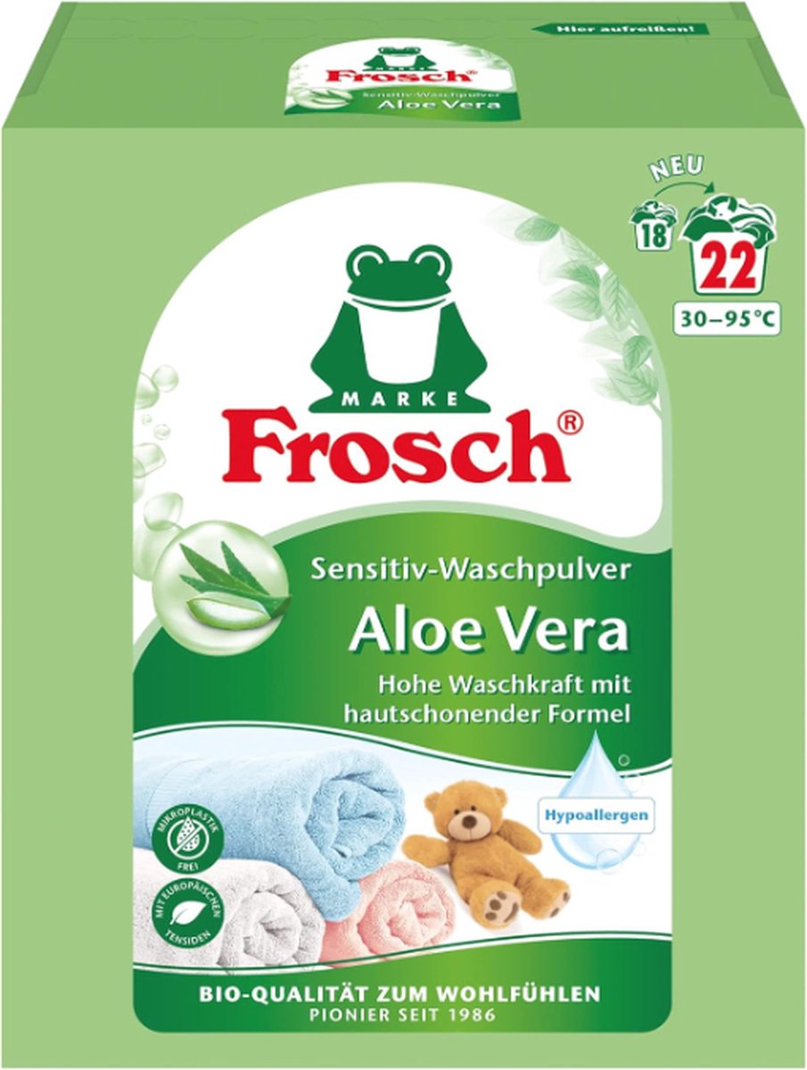 Goedkoopste Frosch Sensitive Waspoeder - Aloë Vera, - 1,45 kg - 22 Wasbeurten - Hypoallergeen - Langdurige kleurbescherming - Gevoelige huid