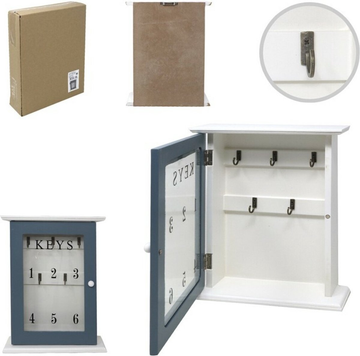 Concorde Sleutelkastje Keys design - hout - blauw/wit - 25,5 x 20 cm - 6 sleutelhaakjes