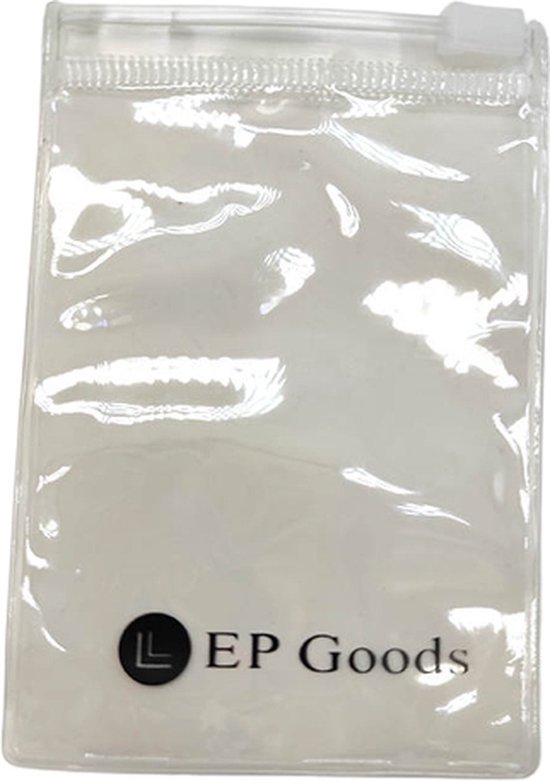 Transparant hoesje met ritssluiting en EP Goods logo.