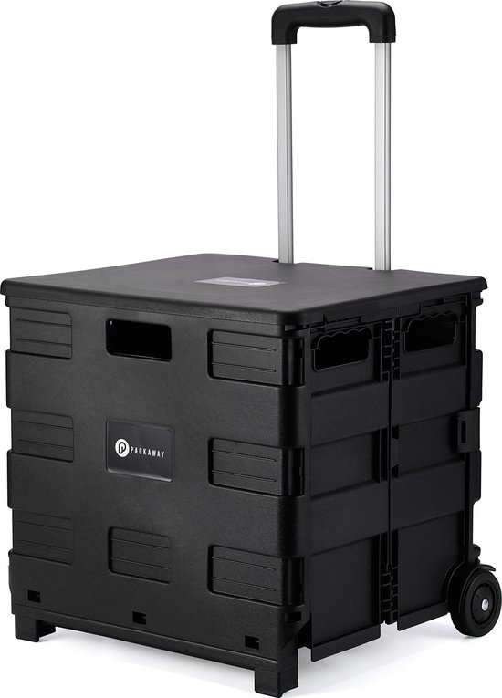 Zwarte Packaway boodschappentrolley met uitschuifbaar handvat, op witte achtergrond.