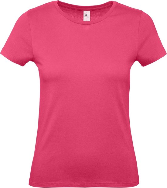 Devant d'un t-shirt fuchsia uni pour femme, à manches courtes et col rond.
