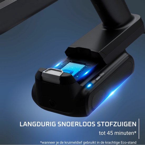 Oplaadbare accu voor draadloos stofzuigen tot 45 minuten.