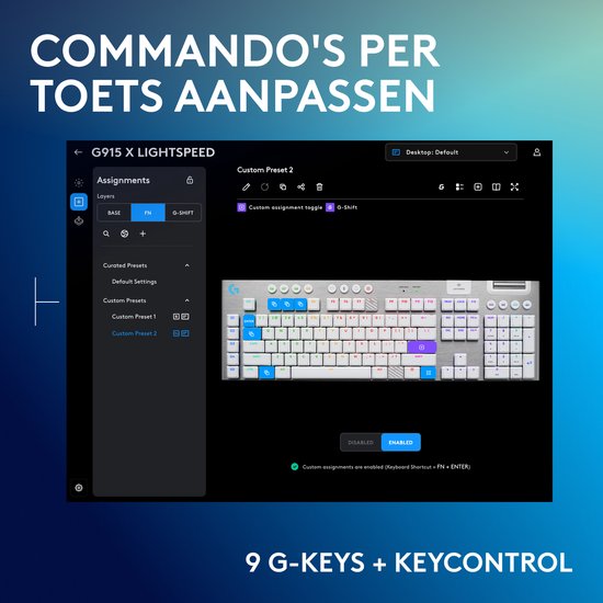 G915 X Lightspeed toetsenbord op het scherm, met opties om commando's per toets aan te passen en G-keys.