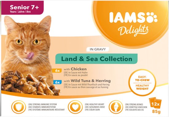 Iams 7+ Delights Land - Sea in Saus 12 x 85 gr