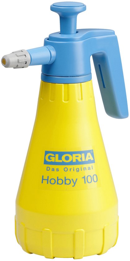 Gele Gloria Hobby 100 drukspuit met blauwe pomp en sproeikop.