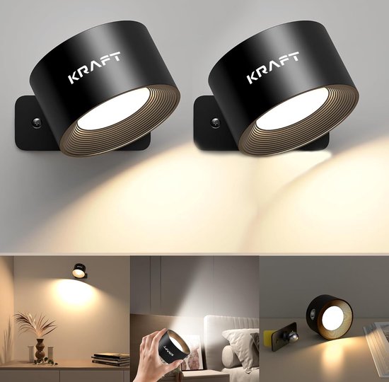 KRAFT Wandlamp 2 stuks - USB Oplaadbaar - Binnen - Slaapkamer/Badkamer/Woonkamer - Zwart