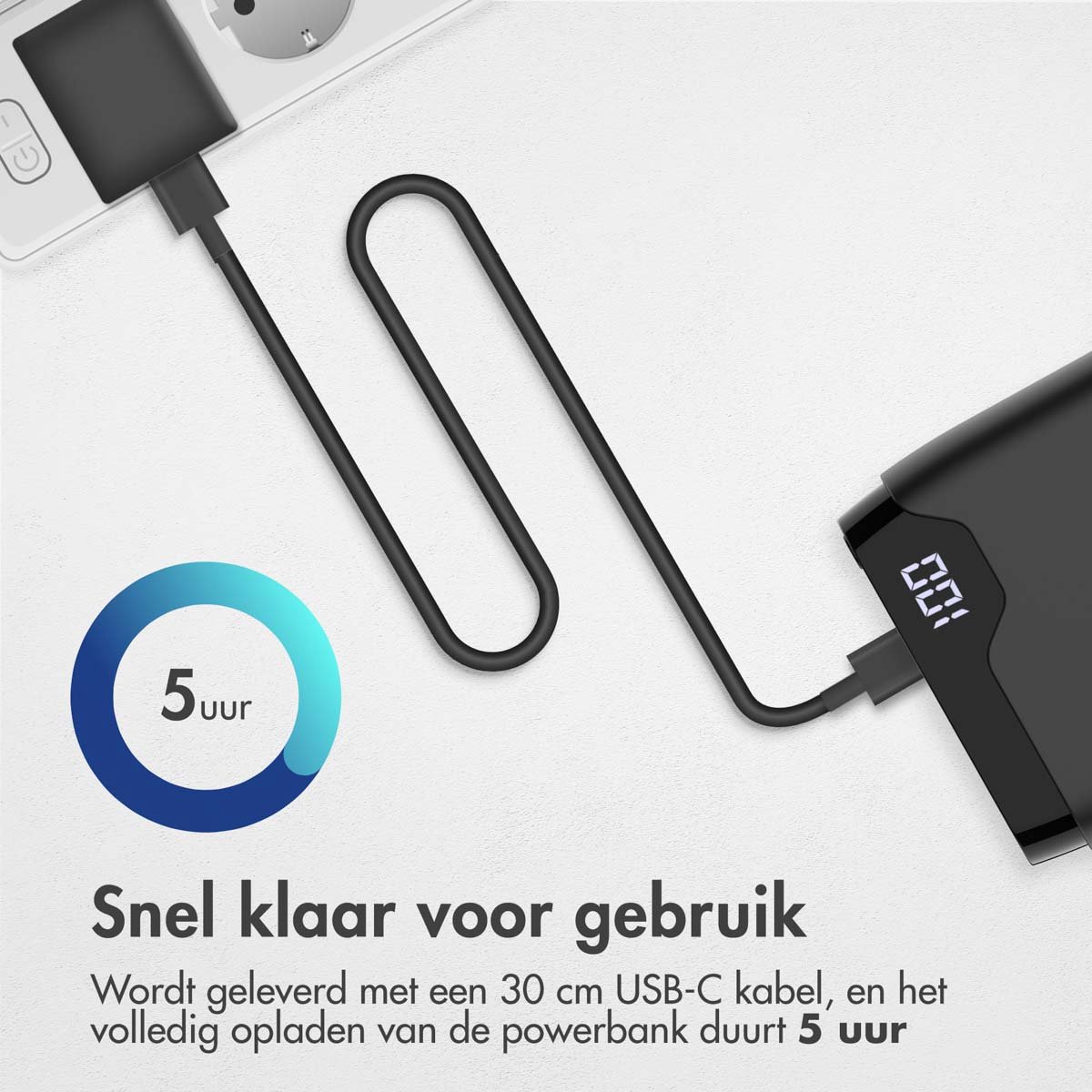 Afbeelding 2 van imoshion Powerbank 20000 mAh - Snellader 22.5W - LED indicator - USB-C & USB-A - Universele Powerbank geschikt voor o.a. iOS/Android - Noodpakket - Zwart
