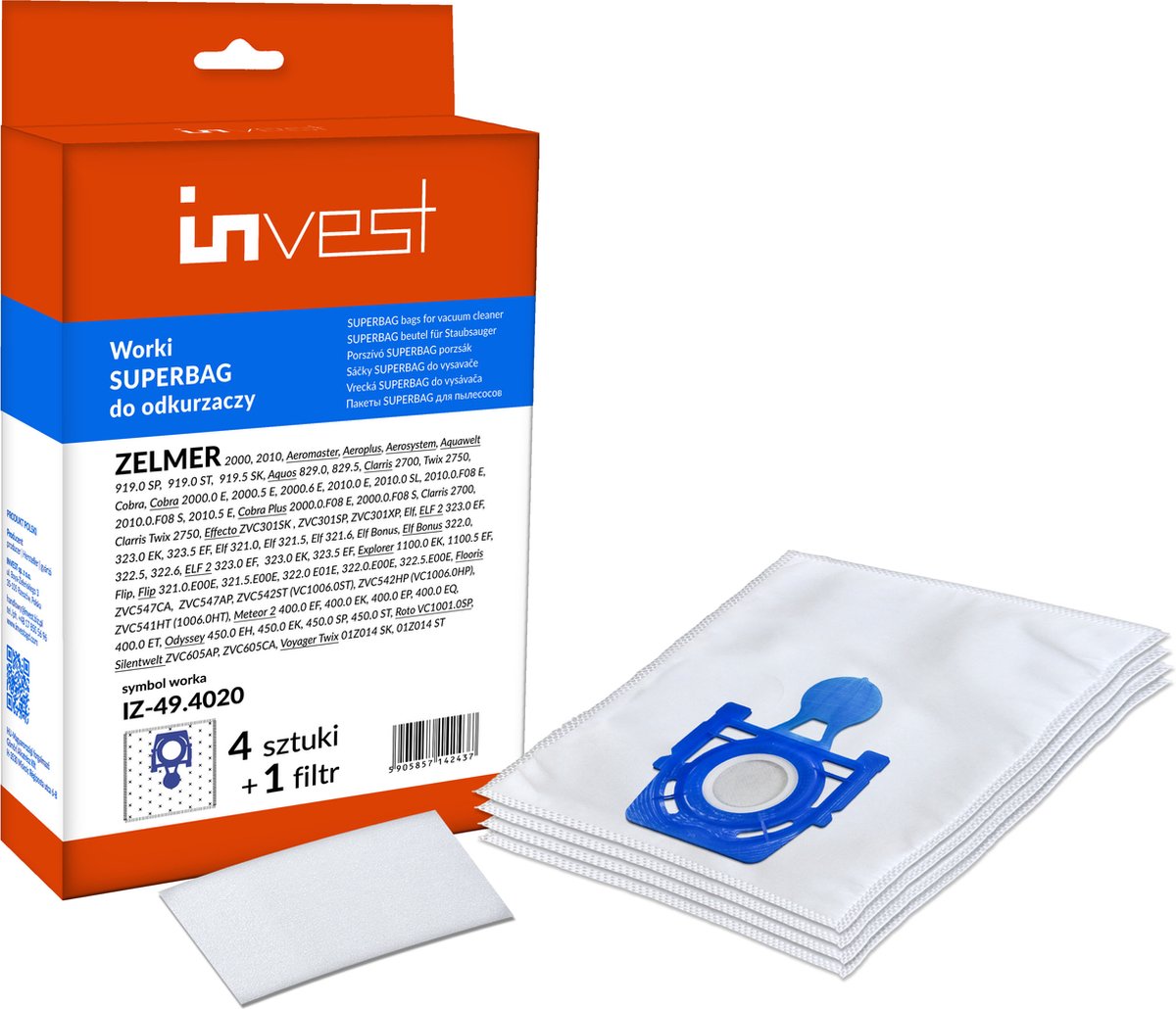 Invest SAFBAG Serie - Stofzuigerzakken - Blauw - 20 cm - 4 stuks