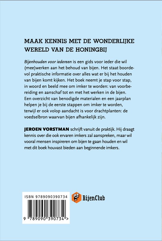 Boek "Bijenhouden voor iedereen" met tekst en een afbeelding van een Bijenclub logo.