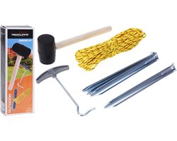 Camping benodigdheden gereedschapsetje 9-delig - hamer - haringtrekker - scheerlijn/touw - 6x haringen