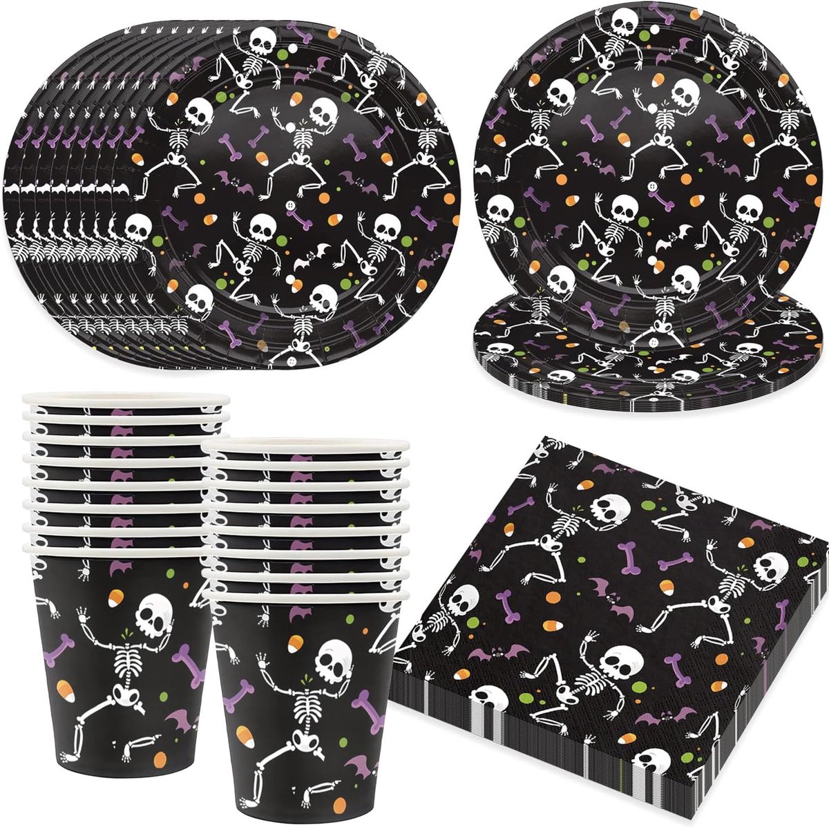 Bikasun Halloween partyserviesset voor 16 gasten bordenset borden bekers servetten papieren borden skelet zwart party Halloween-decoratie voor kinderen