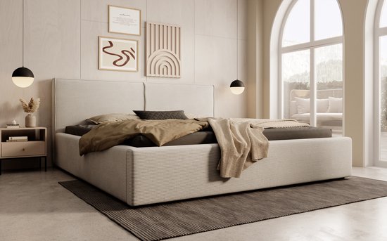 Meubella - Lit double Infinity - Velours côtelé beige - 180x200 cm