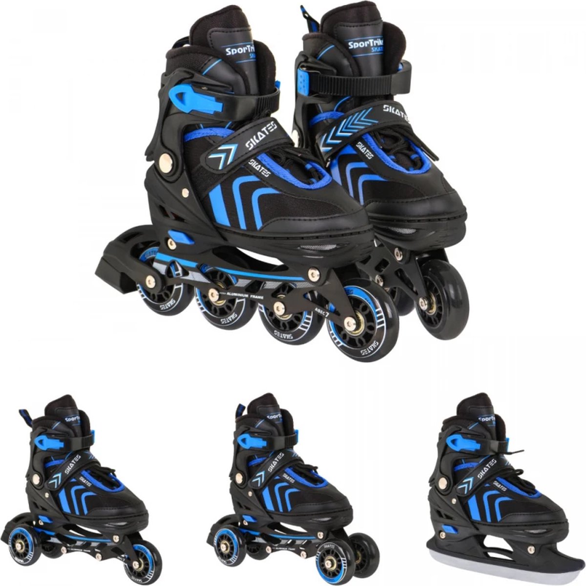 Playos® – Skeelers – 4 in 1 – Zwart/Blauw – maat 34 tot 38 – Verstelbaar – Inline Skates – Schaatsen – Rolschaatsen