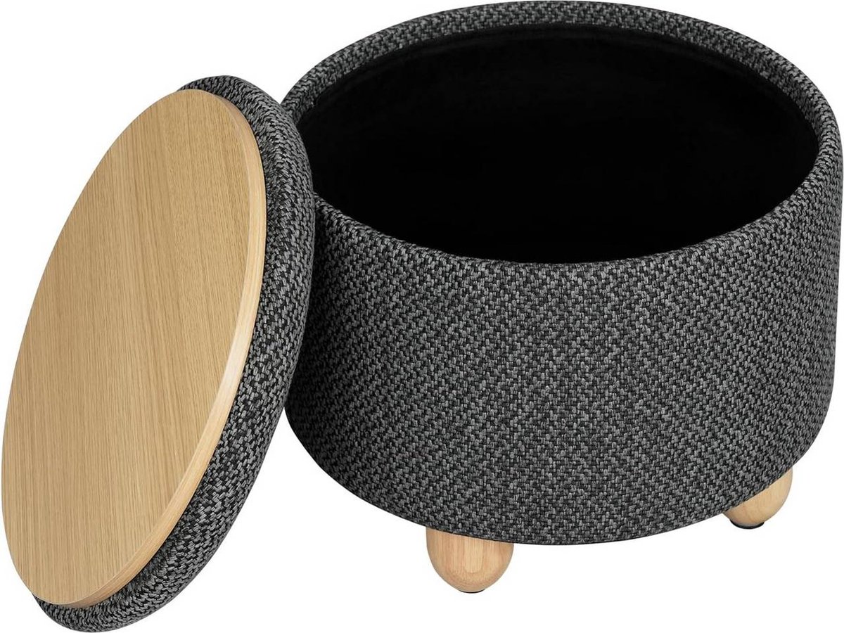 BukkitBow Ronde Opbergpoef – Poef / Zitkist met Deskel - Voetenbank met Opbergruimte - 39x39x33 cm - Donker Grijs