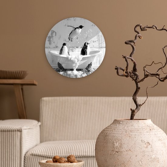 WallCircle® Wandcirkel 30x30 cm - Muurcirkel Pinguïns - Vintage - Dieren - Zwart - Wit - Vogels - Badkamer - Bad - Muurdecoratie cirkel woonkamer - Wanddecoratie slaapkamer - Kamer decoratie accessoires - Ronde schilderijen binnen