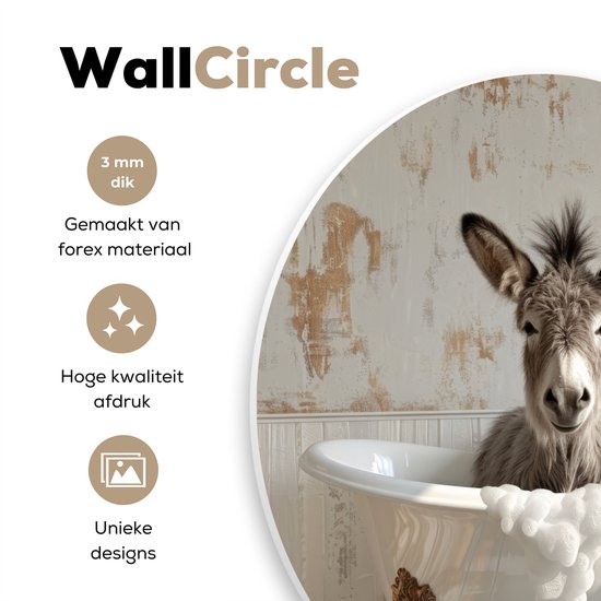 WallCircle® Wandcirkel 90x90 cm - Muurcirkel Ezel - Dieren - Badkuip - Schuim - Humor - Badkamer - Muurdecoratie woonkamer - Wanddecoratie slaapkamer - Kamer decoratie accessoires - Ronde schilderijen - Woonaccessoires binnen cirkel