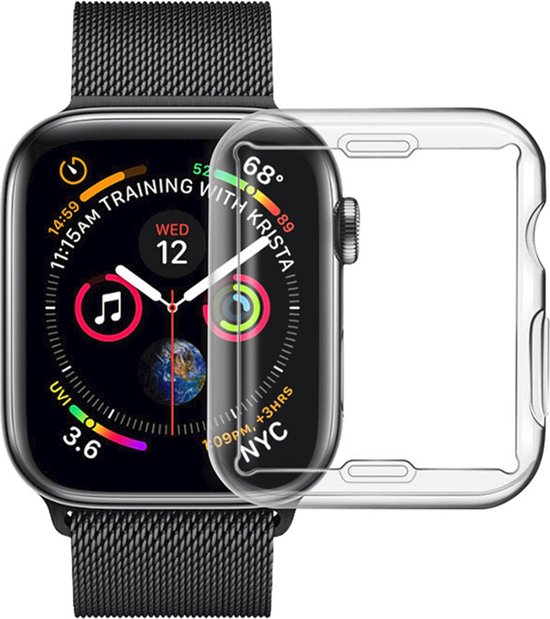 Transparante beschermhoes voor een zwarte Apple Watch met Milanese band.