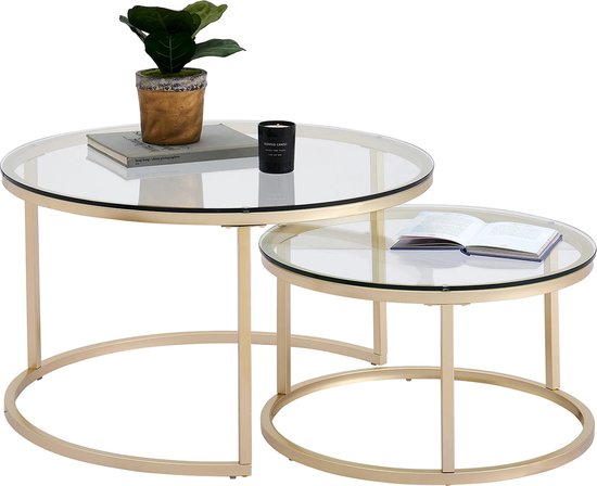 KTN® - Table basse - Set de 2 - Ronde - Table d'appoint - Table basse - Pieds Dorés - Transparent - Glas - 60 & 40 CM