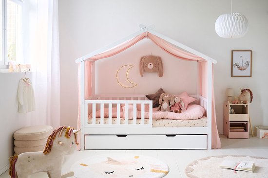 Rideau enfant 'Maison' Rose 90x 200 cm - 100% Katoen de coton Bio - Spécial pour le lit cabane 'Maison' 90x200 cm - Avec rubans pour une fixation ferme - Pour une ambiance onirique et cosy