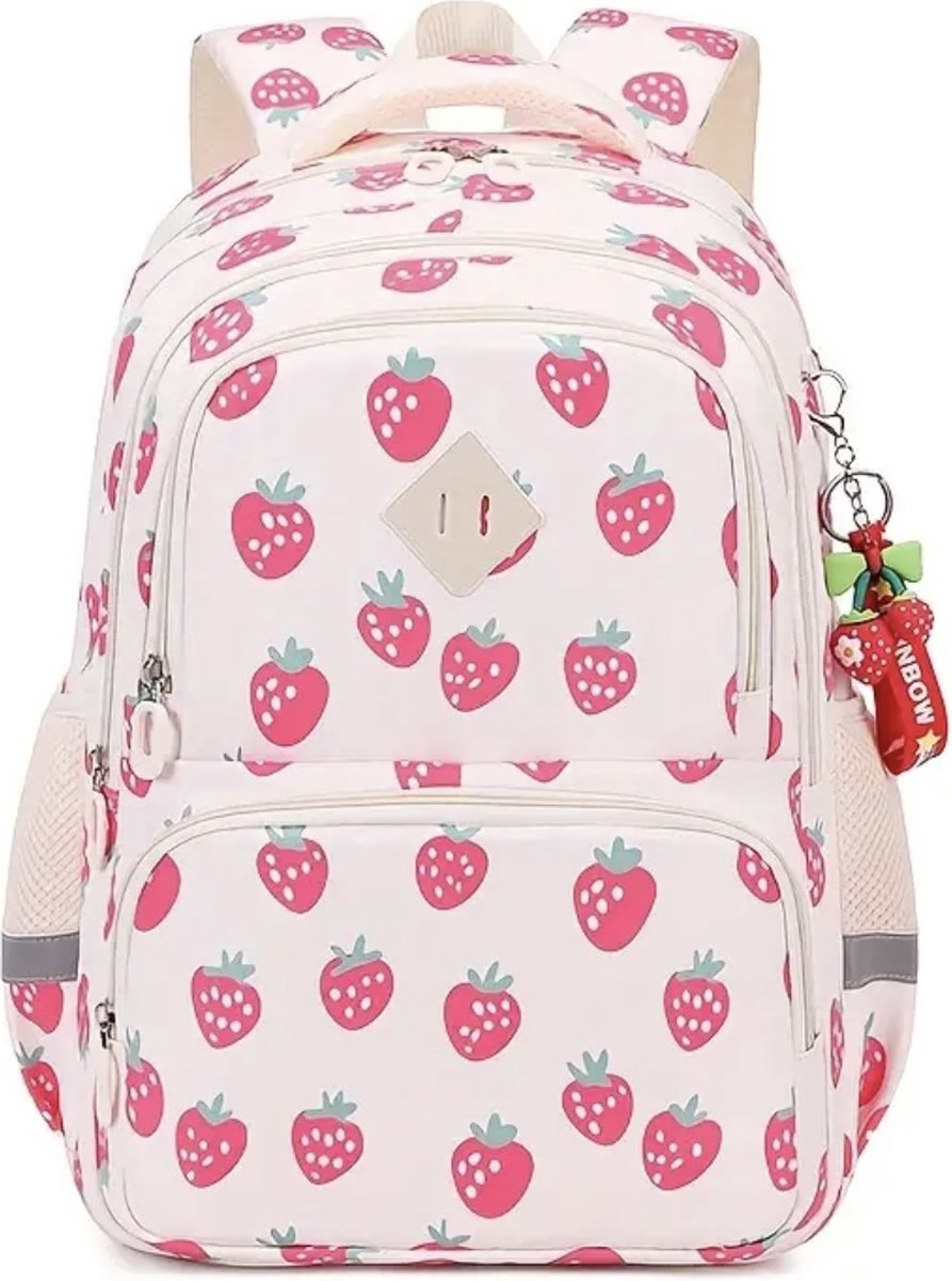 Ultiluxe® Schoolrugzak met aardbeien - Beige/rood - Schooltas voor meisjes - 42 x 34 x 14 cm - Rugzak voor kinderen - Met aardbeitjes print - 20 L - Rugtas voor meiden met sleutelhanger - Waterdicht