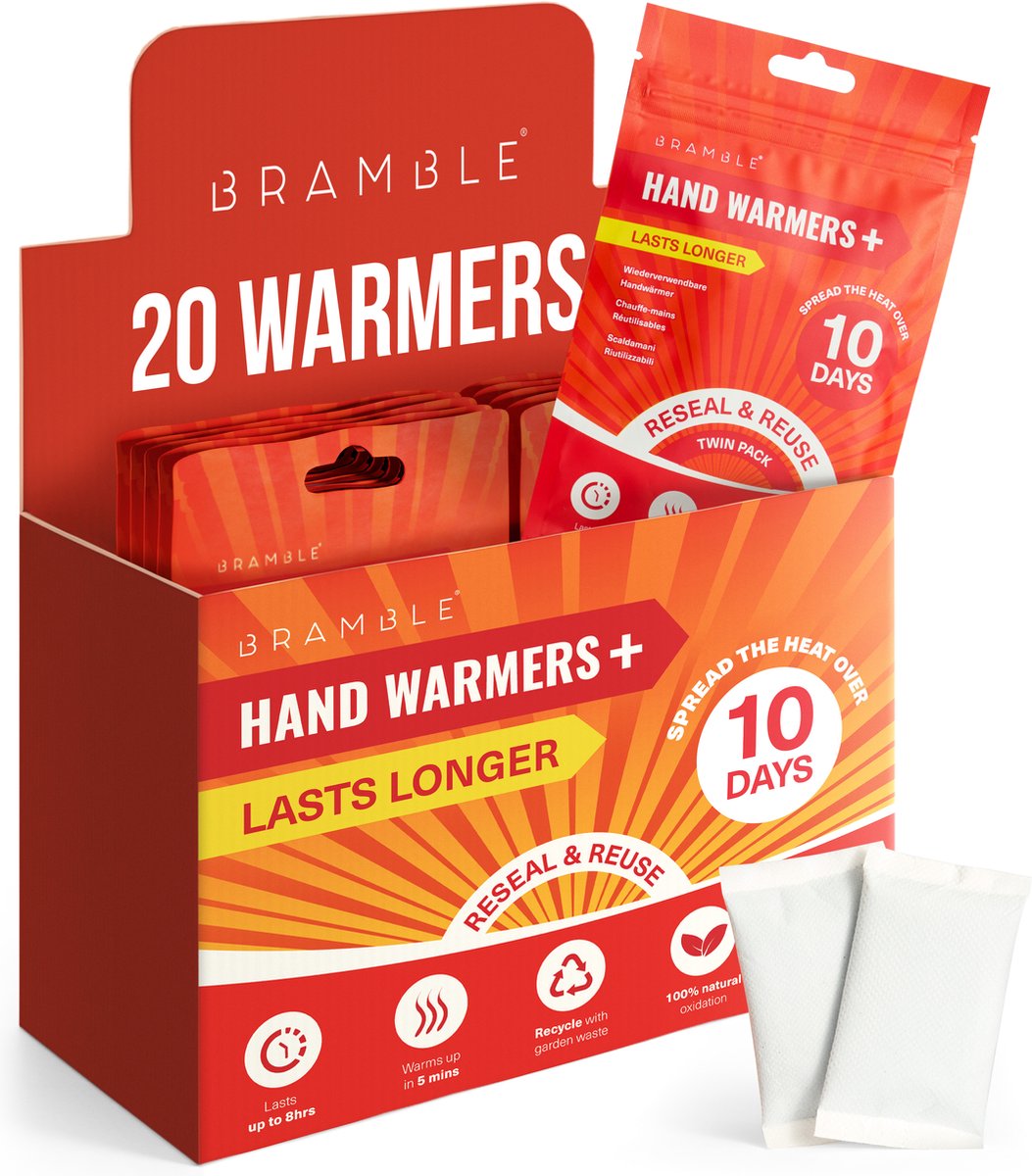 Goedkoopste BRAMBLE 20 Handwarmers Herbruikbaar (8 uur warmte over 10 dagen) - Warmtepads voor Handschoenen, Fietsen, Golf