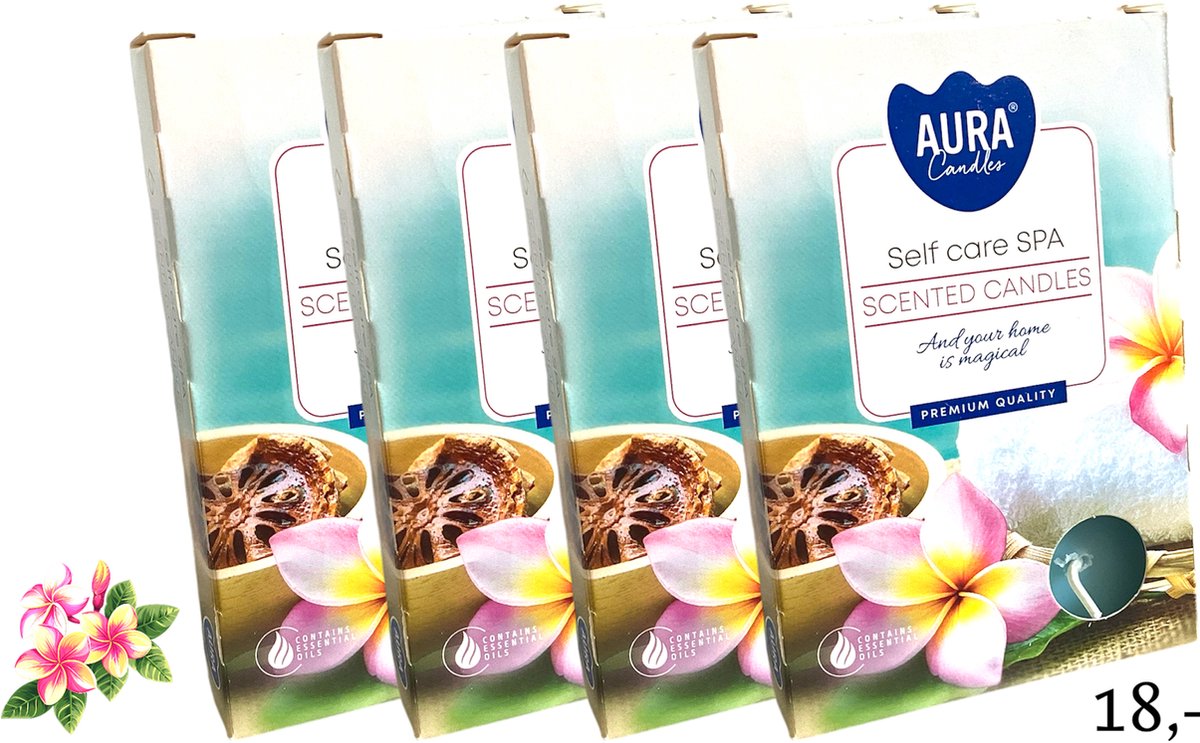 Waxinelichtjes - 'Self Care Spa' - Theelichtjes - Geurwaxinelichtjes - Geurtheelichtjes - Fris - Geurend - Frisgeurend - 4 Branduren - Aqua - Blauw - Ontspannen - Ontspanning - Geschenk - Cadeautje - Kado