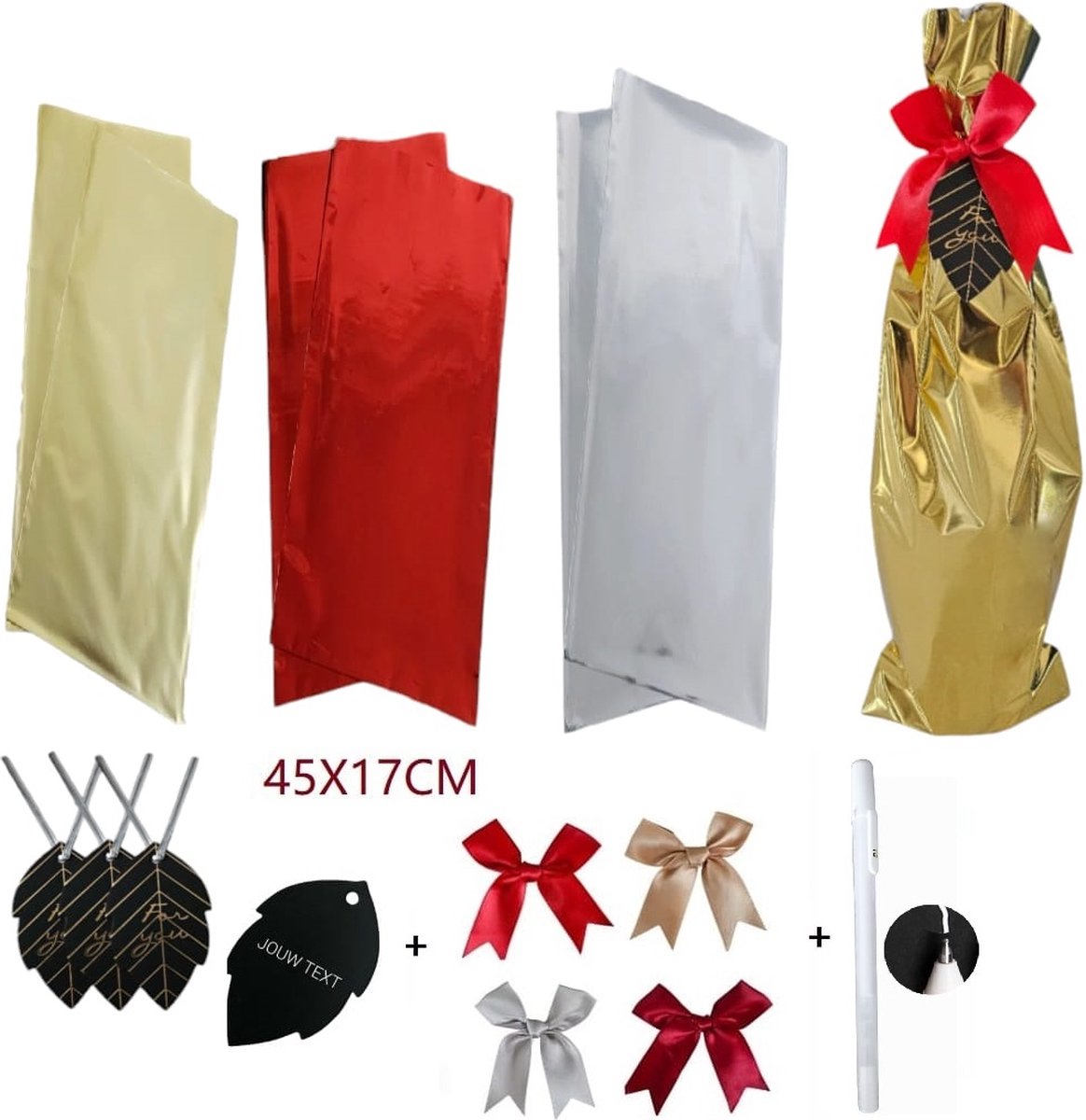 Lange inpakzakken 12 stuks met strikjes en for you labels met witte pen | 17x45 cm, Rood Zilver Goud | Wijn verpakking - flessen cadeau zakken - kado zakken Verjaardag| KERST | Nieuwjaar geschenk