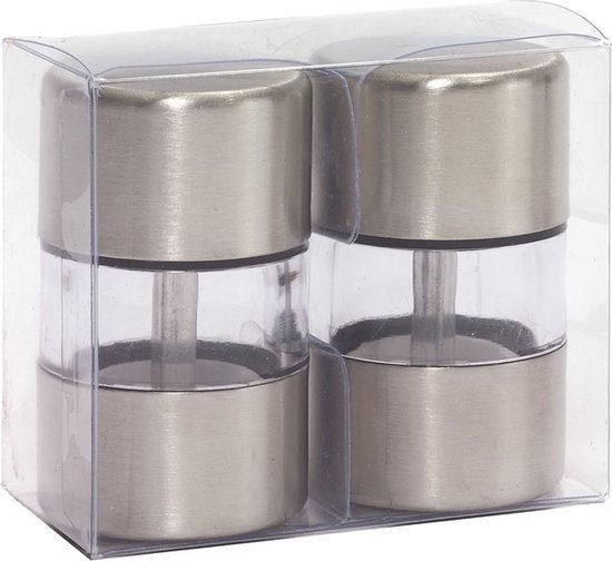 Paire de moulins à poivre et à sel argentés dans un coffret cadeau.