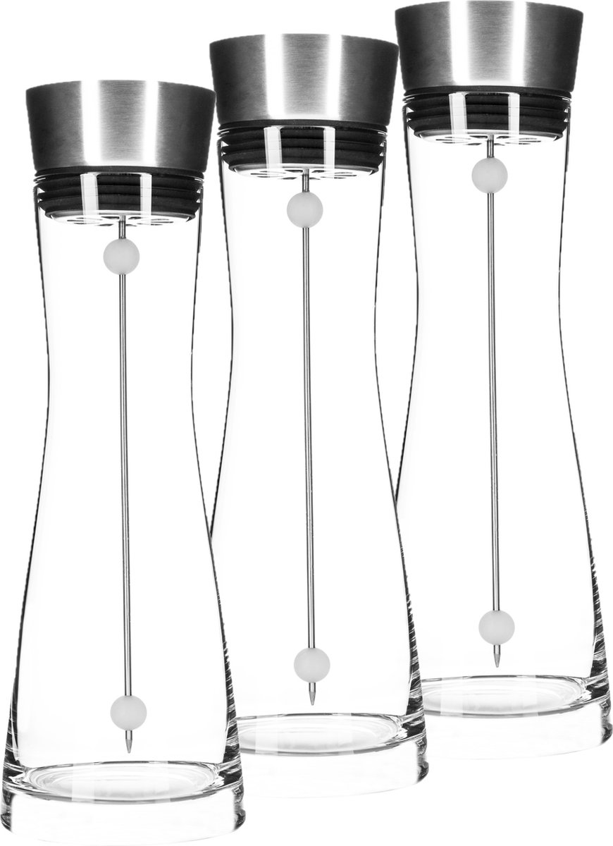 Karaf/schenkkan - Set van 3x stuks - 1 liter - glas - RVS fruitspies - speciale afwasborstel - Sapkannen/waterkannen/schenkkannen - Waterkaraf