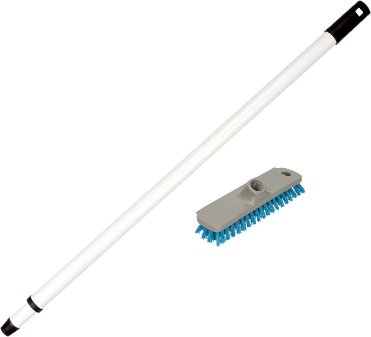 Goedkoopste Kunststof schrobborstel/schrobber grijs inclusief metalen telescoopsteel wit 130 cm