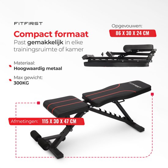 FitFirst® Fitnessbank - Tot wel 300KG - Verstelbaar en inklapbaar - Licht en robuust - Halterbank - Fitness Bank - Trainingsbank