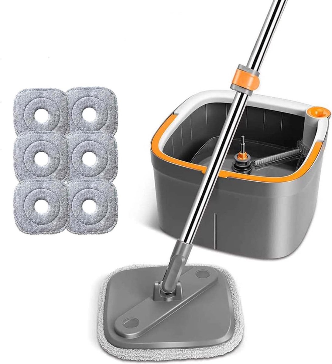 Dweilmop set met emmer vloerwisser spin mopset 6 microvezel dweilpads zelfscheidend vuil en zoetwatersysteem 360° draaibare vierkante dweilkop