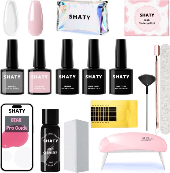 Foto: Shaty biab starter pakket inclusief biab pro guide the clear builder in a bottle biab nagellak biab set nail cleanser 36w lamp handleiding nl 