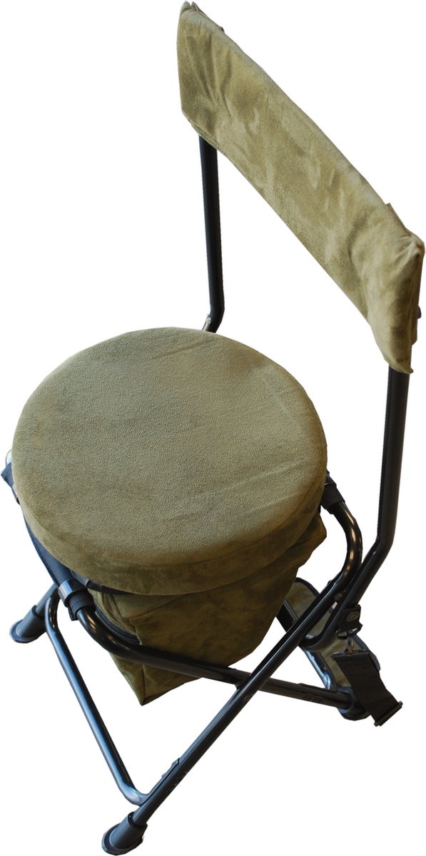 Visstoel/ Vis kruk Heavy Duty draaibare stoel 360dgr 48cm zithoogte incl. opbergvakje, schouderriem en rugleuning. Donkergroen faux suede fabric. 22mm gepoedercoat aluminium frame in zwart.