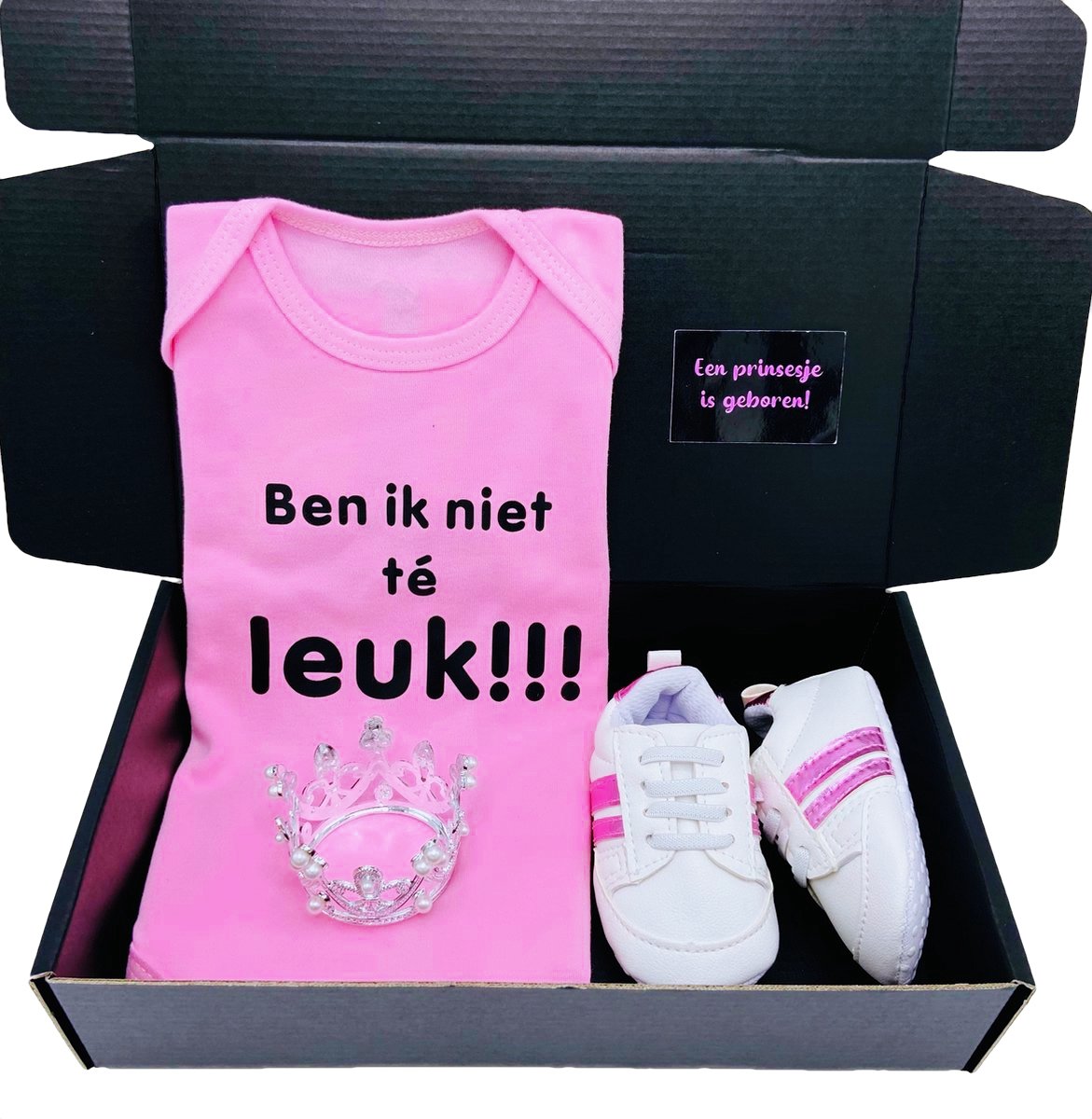 Goedkoopste Kraamcadeau meisje met romper en schoentjes - Ben ik niet te leuk - kraampakket - kraamkado roze - ook rechtstreeks te versturen met kaart