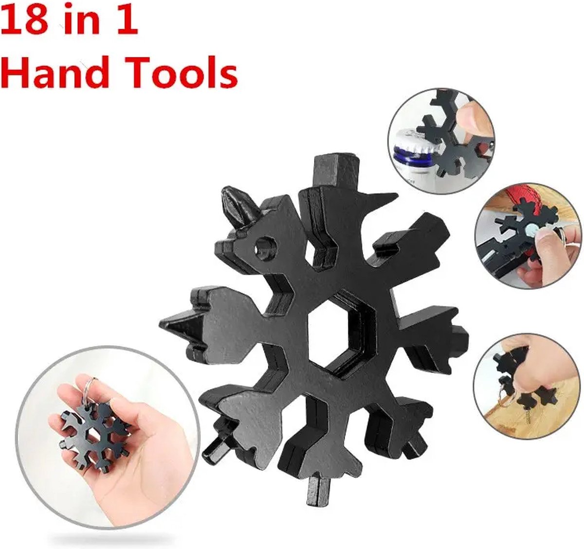 CHPN - Multi tool - 18-in-1 - Multi tool - Zwart - Sneeuwvlok Sleutelhanger - Moersleutel - Universele - tool - Schroevendraaier - Cadeau - Gereedschap - Flesopener