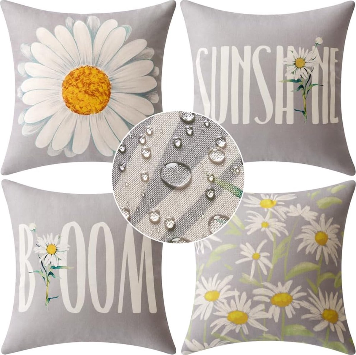 Riokem ® Waterdichte Outdoor Kussenhoezen Set van 4 - Linnen Decoratieve Kussenhoezen Grijze Bloemen 40x40 cm